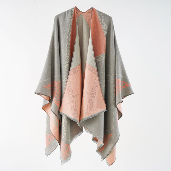 Women's Oversize Cape Throw with Jacquard Woven Patch Motifs and Fringed Hem