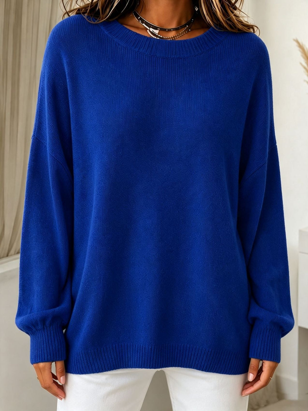 Women Light Cashmere-Touch Sweater with Round Neck, Dropped Shoulder and Ribbed Cuffs