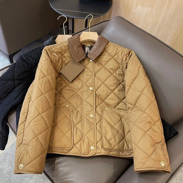 Women's Quilted Transitional Jacket with Leather Collar and Snap Button Closure