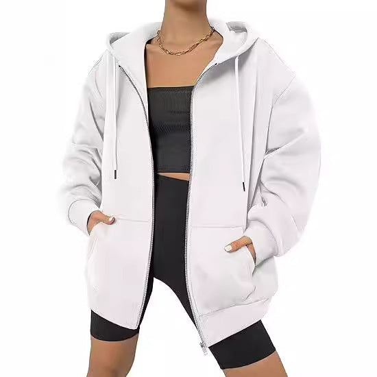 Women's Oversized Zip Hoodie with Contrasting Zipper, Double-layered Hood and Kangaroo Pocket