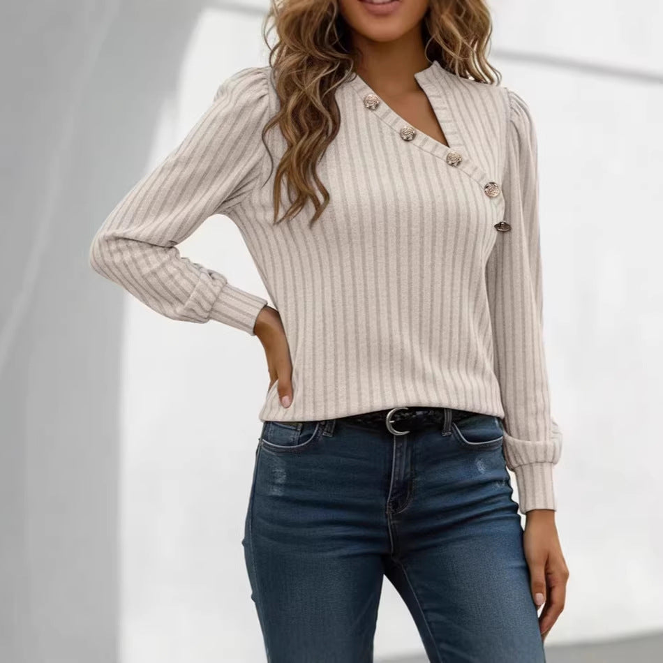Women's Ribbed Fine Knit Sweater with Asymmetrical Button Placket