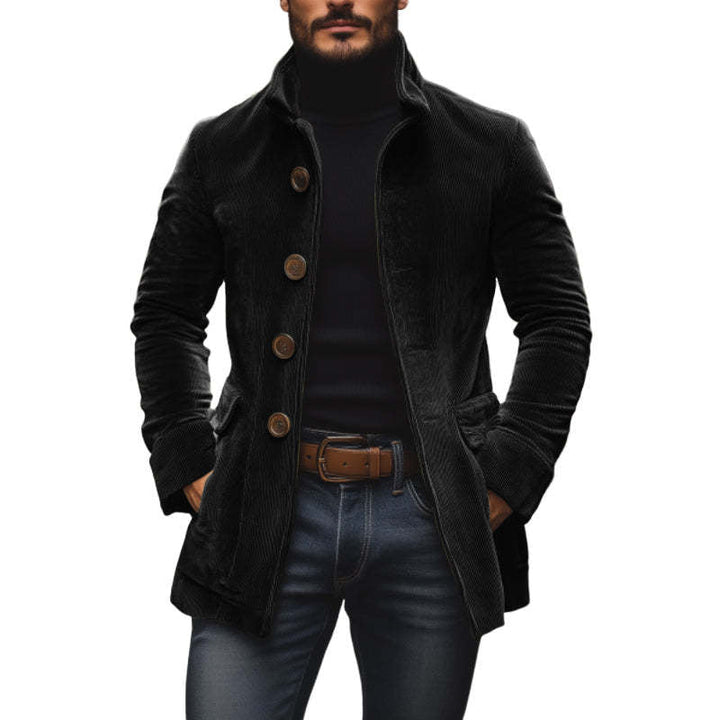Men's Tailored Cord Coat with Stand-up Collar, Decorative Button Placket and Side Pockets