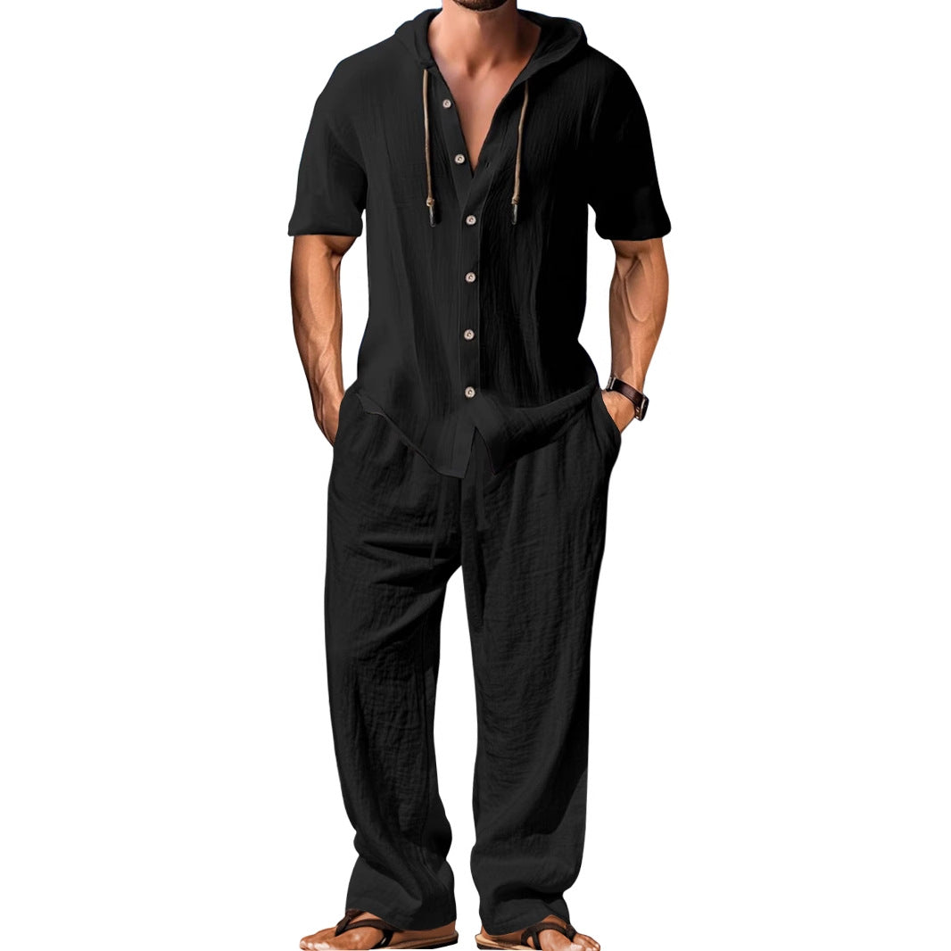 Men's Airy Linen Lounge Set with Short-sleeved Hoodie and Straight Relaxed Pants