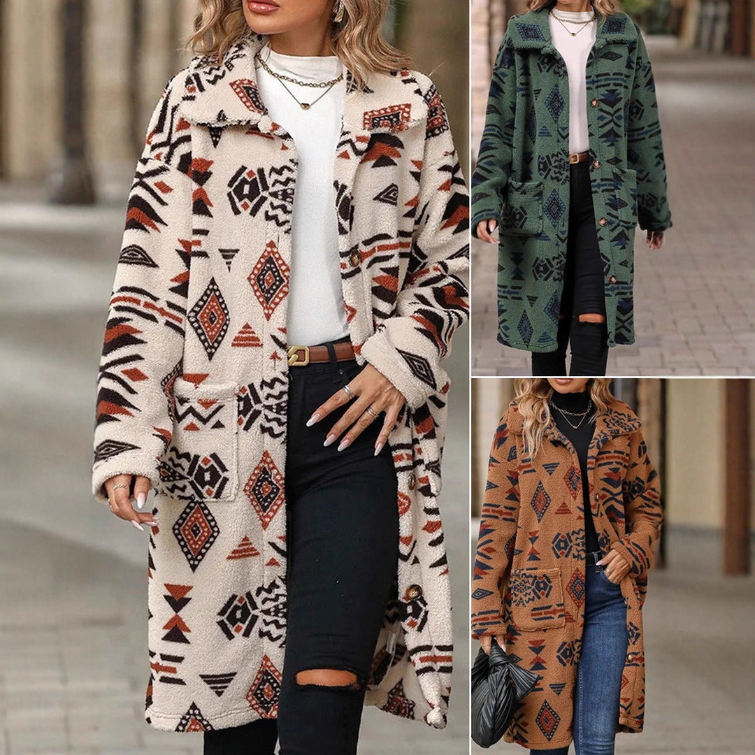 Women Teddy Coat with Aztec Pattern, Button Placket and Patch Pockets