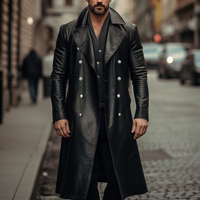 Men's Double-Breasted Leather Coat in Trench Coat Style with Slim Waist