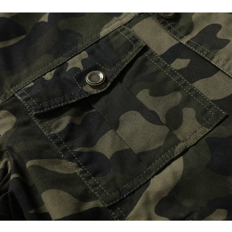 Men's Camouflage Utility-Style Field Jacket with Ribbed Cuffs and Shoulder Flaps