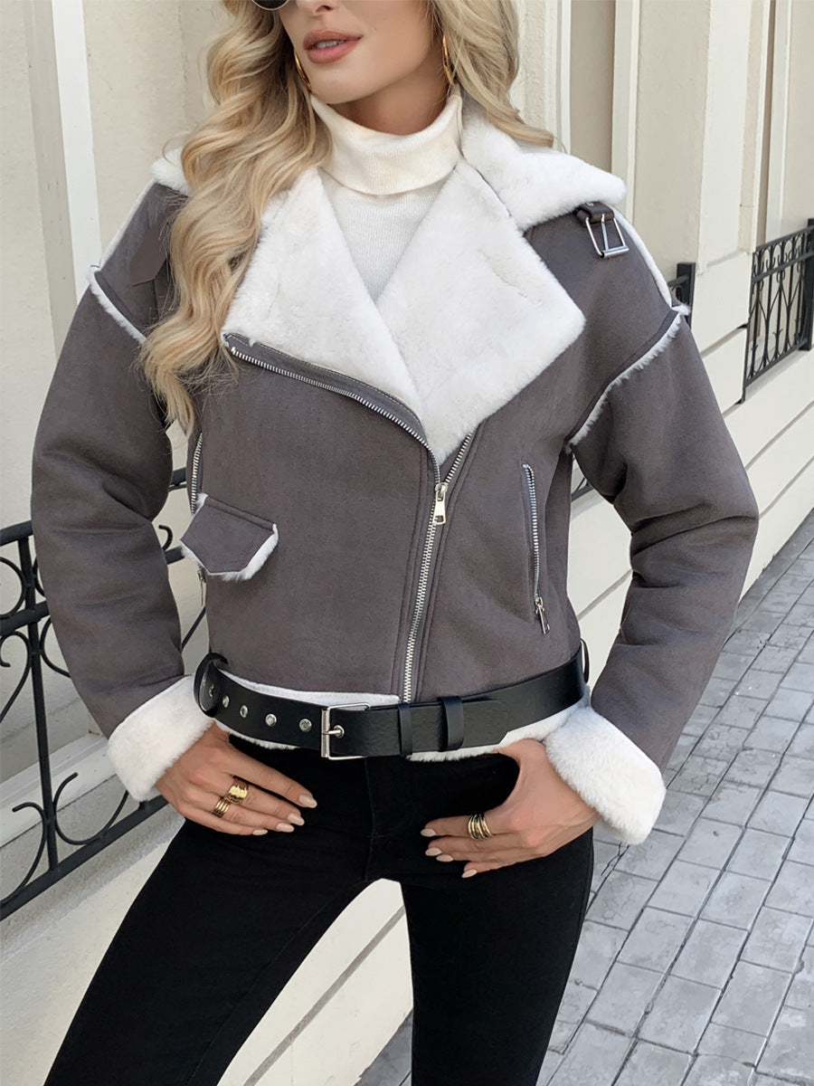 Women's Fashionable Jacket with Faux Fur Collar and Belt
