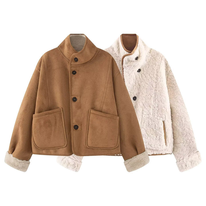 Women's Short Sheepskin Look Jacket with Stand-Up Collar and Large Patch Pockets