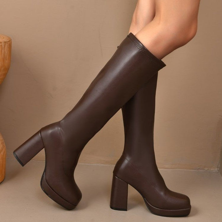 Women's Knee-high Plateau Boots with Chunky Block Heel and High-gloss Patent Look