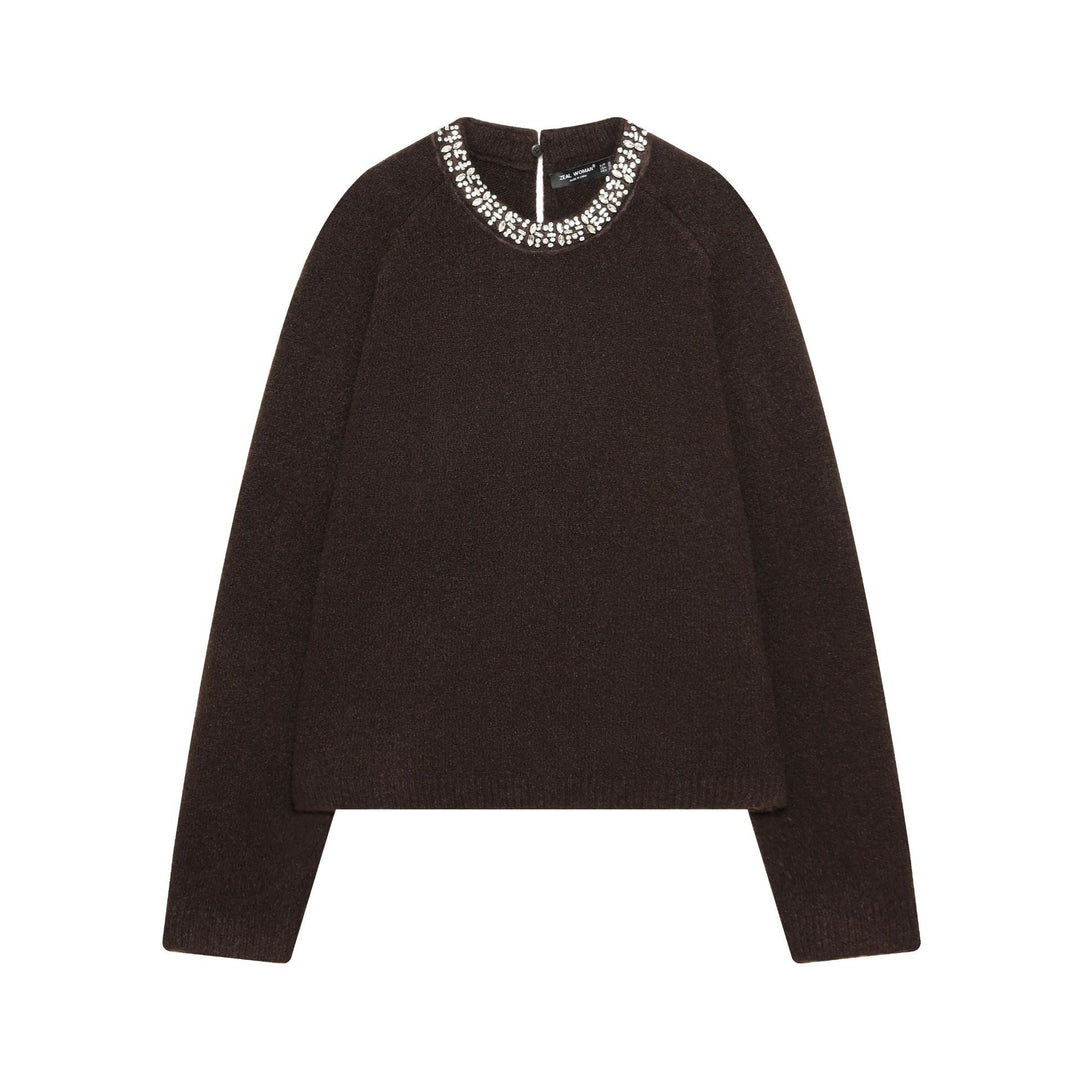 Women's Cropped Knitted Sweater with Embellished Collar and Raglan Sleeves