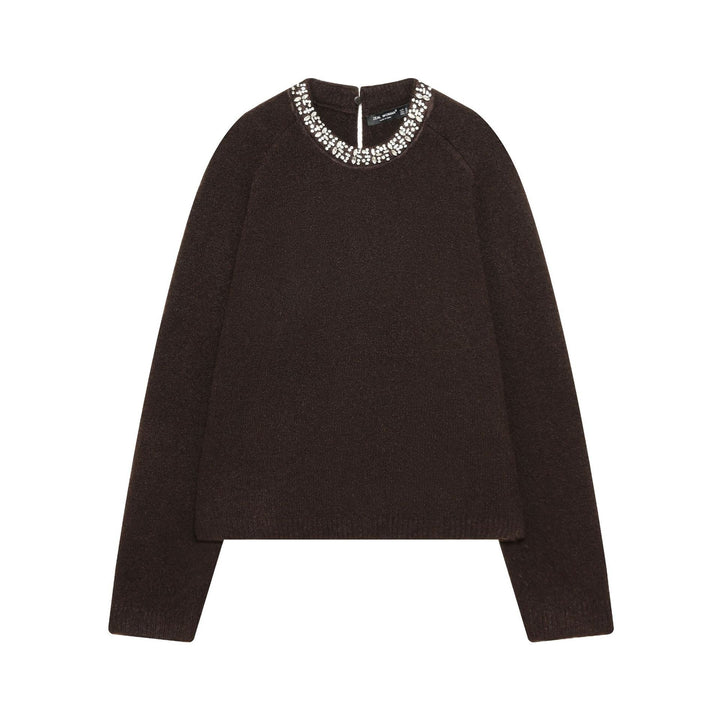 Women's Cropped Knitted Sweater with Embellished Collar and Raglan Sleeves