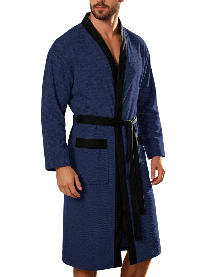 Men's Lightweight Cotton Kimono Bathrobe with Waffle Texture and Patch Pockets