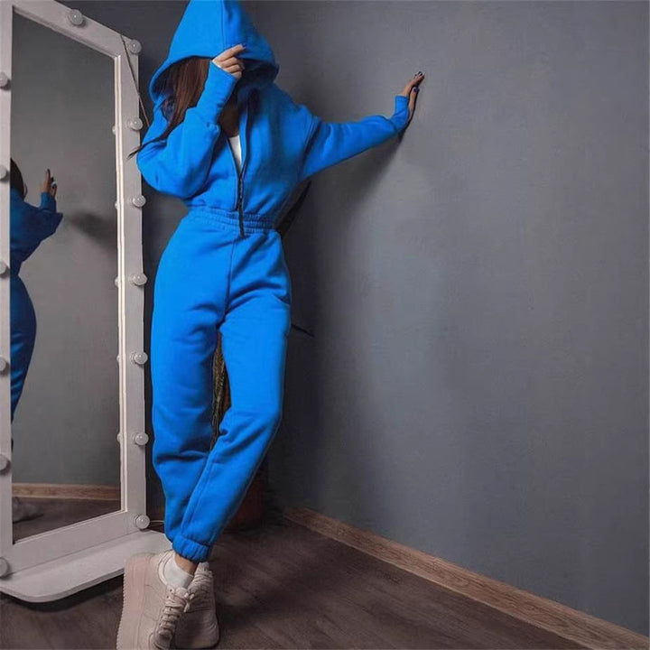 Women's Tailored Hooded Sweat Jumpsuit with Zipper and Elastic Waistband