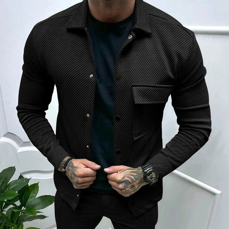 Men's Slim Ribbed Structure Overshirt Jacket with Snap Button Closure and Chest Flap