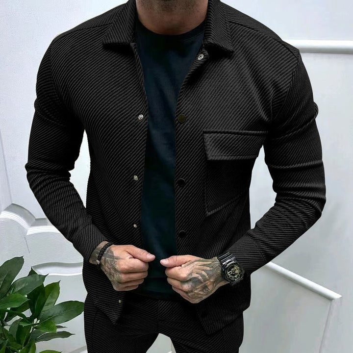 Men's Slim Ribbed Structure Overshirt Jacket with Snap Button Closure and Chest Flap
