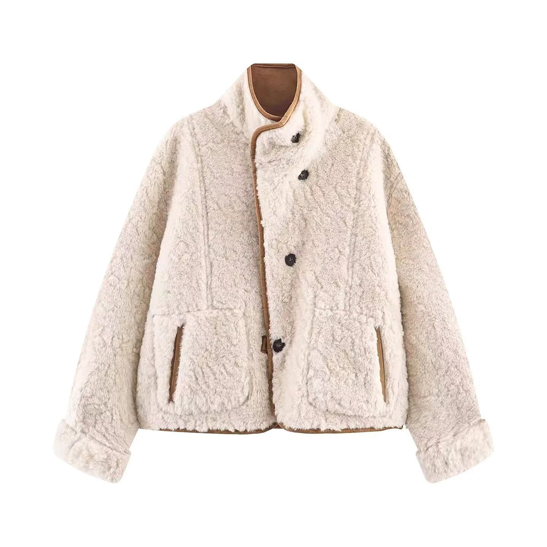 Women's Short Sheepskin Look Jacket with Stand-Up Collar and Large Patch Pockets