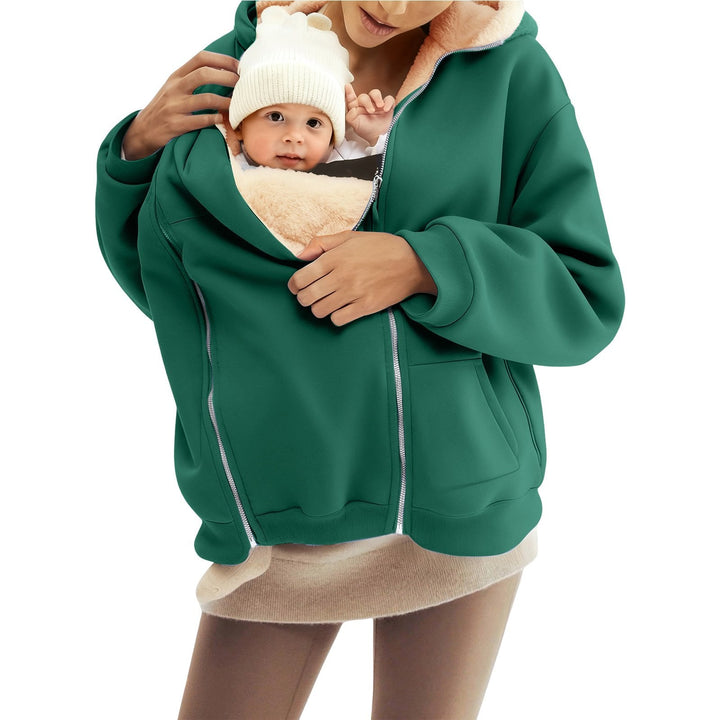 Women Baby Carrier Hoodie with Teddy Lining and Two-way Zipper