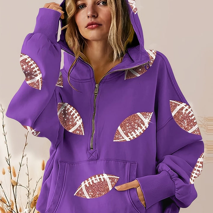 Women's Oversized Hoodie with Half Zipper and Sequin Football Application