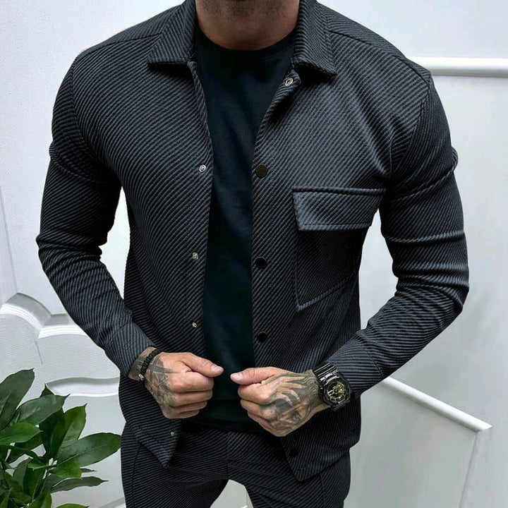 Men's Slim Ribbed Structure Overshirt Jacket with Snap Button Closure and Chest Flap