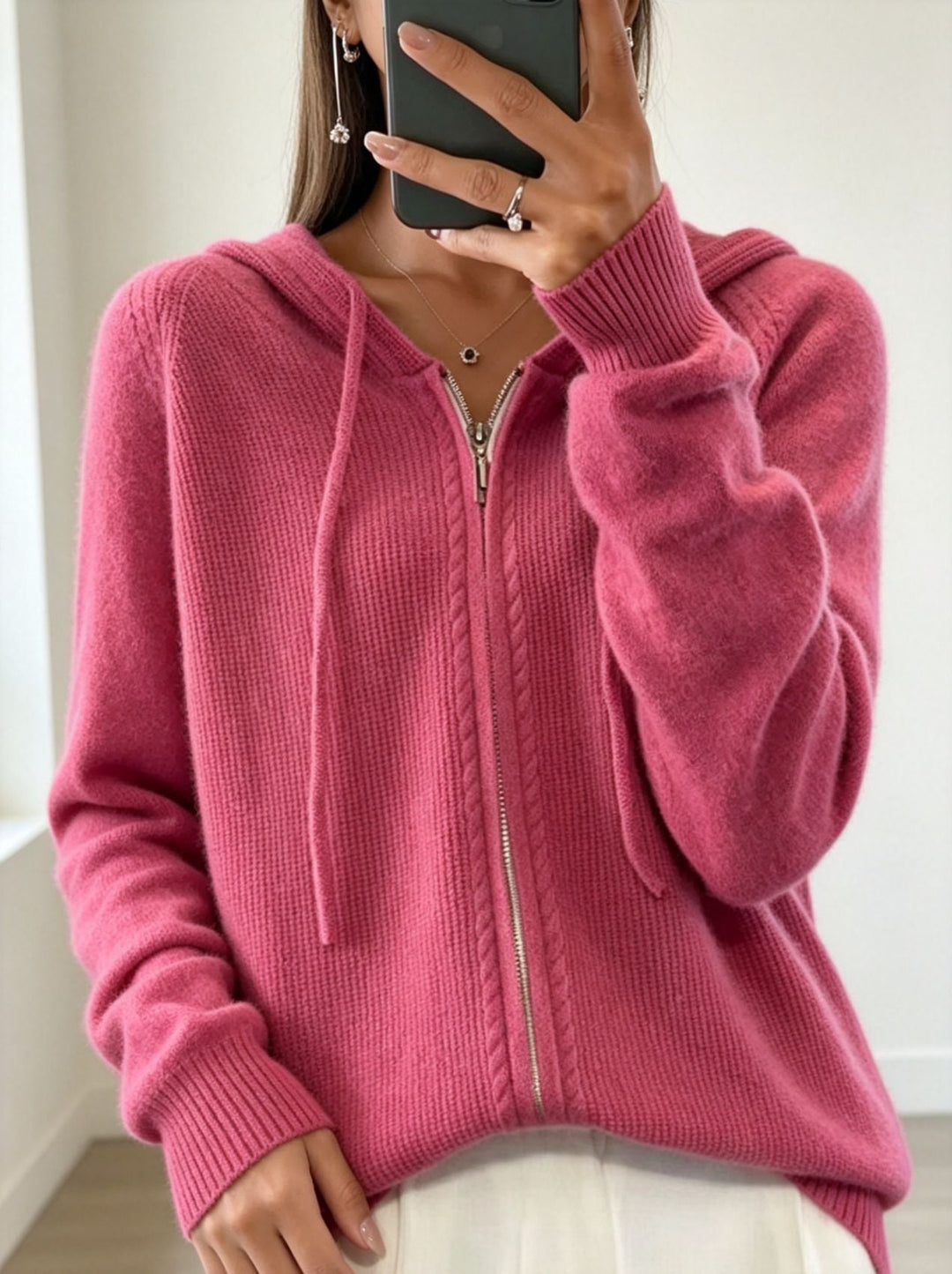 Women's Hooded Cardigan with Zipper, Fine Knit and Ribbed Cuffs