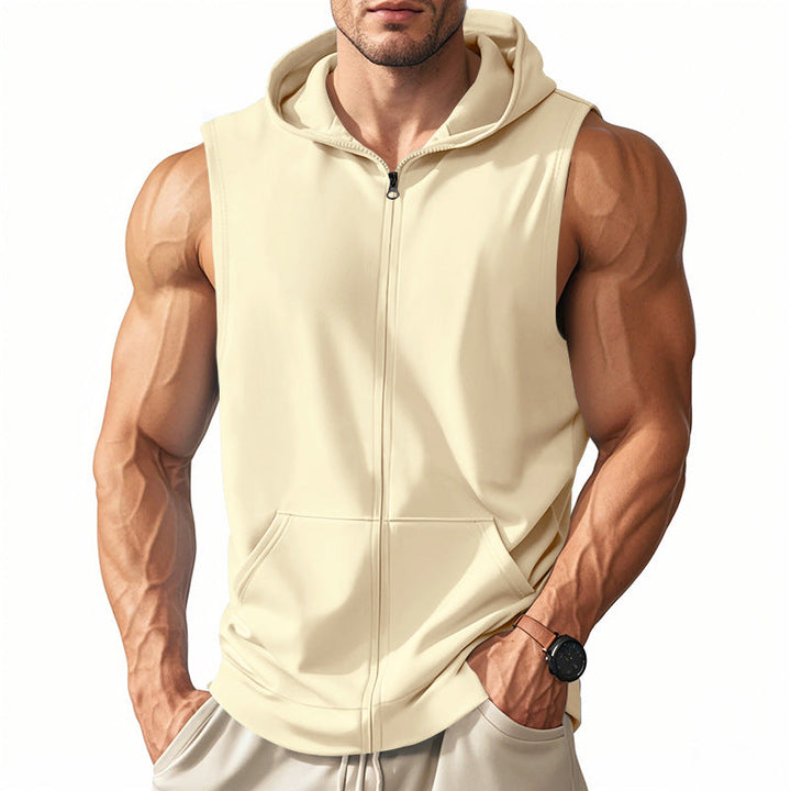 Men's Muscle-fit Training Hoodie Vest with Zipper and Kangaroo Pocket