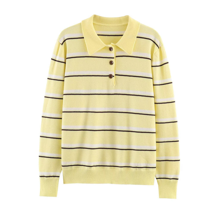 Women's Striped Fine Knit Polo Sweater with Button Placket, Ribbed Cuffs, and Light Wool Blend