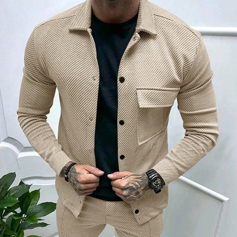 Men's Slim Ribbed Structure Overshirt Jacket with Snap Button Closure and Chest Flap