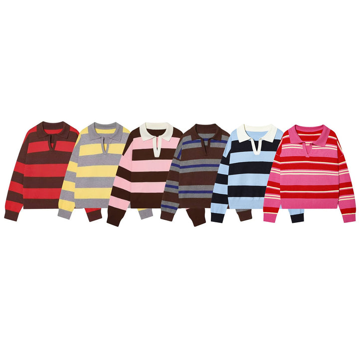 Women's Striped Fine Knit Polo Sweater with Button Placket, Ribbed Cuffs, and Light Wool Blend