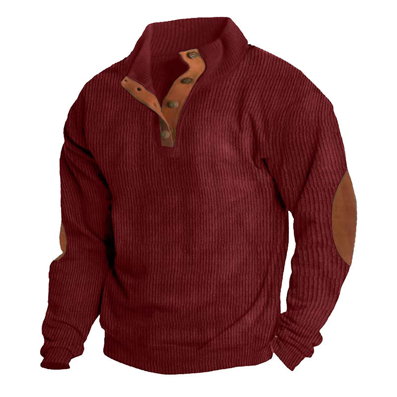 Men's Ribbed Henley Sweater with Stand Collar, Button Placket & Leather Elbow Patches