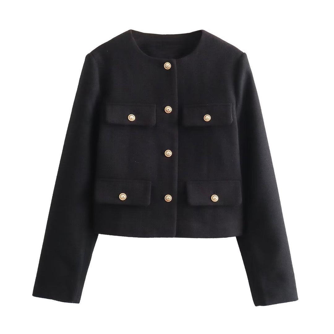 Women's Short-cut Bouclé Tweed Jacket with Round Neckline Decorative Button Details and Attached Flap Pockets