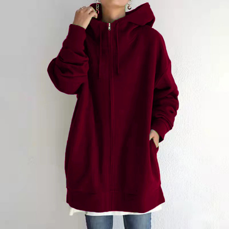 Women's Oversized Hooded Long Pullover with Zipper and Side Pockets