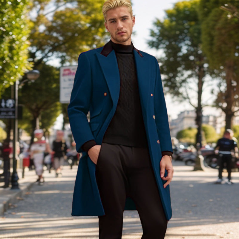 Men's Modern Urban Coat with Double Button Placket and Velvet Collar