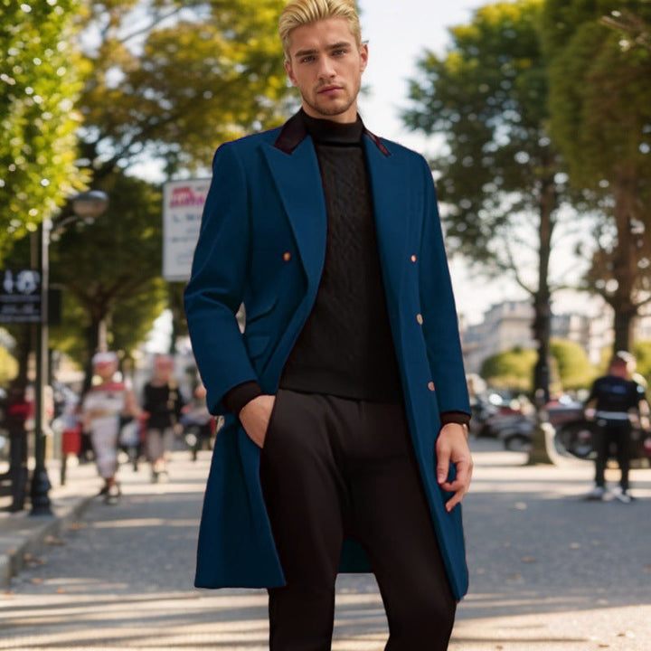 Men's Modern Urban Coat with Double Button Placket and Velvet Collar