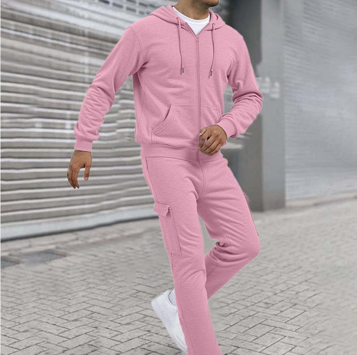 Men's Sporty Zip Sweat Set with Cargo Joggers, Ergonomic Seams, and Ribbed Cuffs
