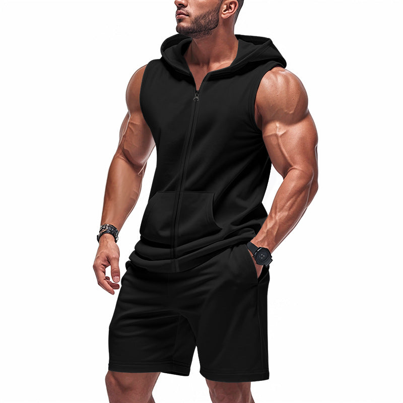 Men's Sporty Hoodie Set with Sleeveless Sweatshirt, Full Zip, and Training Shorts