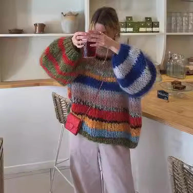 Women's Cozy Knit Sweater with Flared Sleeves and Colorful Stripe Pattern