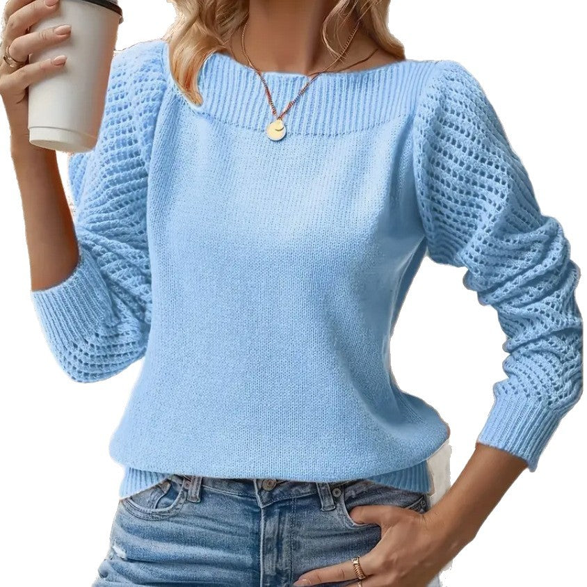 Women's Fine Knit Sweater with Ajour Puff Sleeves and Bateau Neckline