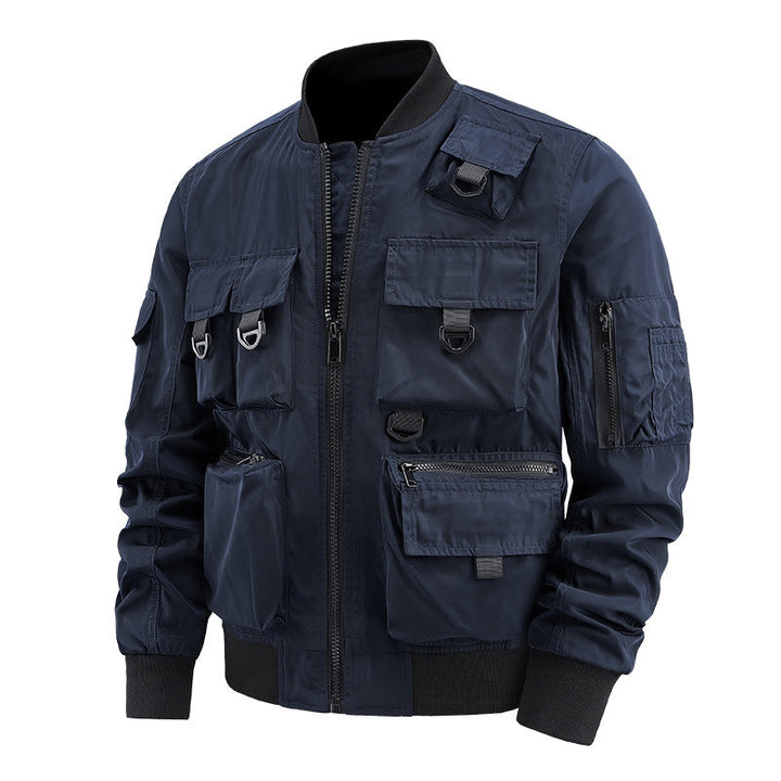 Men's Multifunctional Utility Bomber Jacket with Numerous Pockets, D-ring Details, and Wind-resistant Nylon Shell