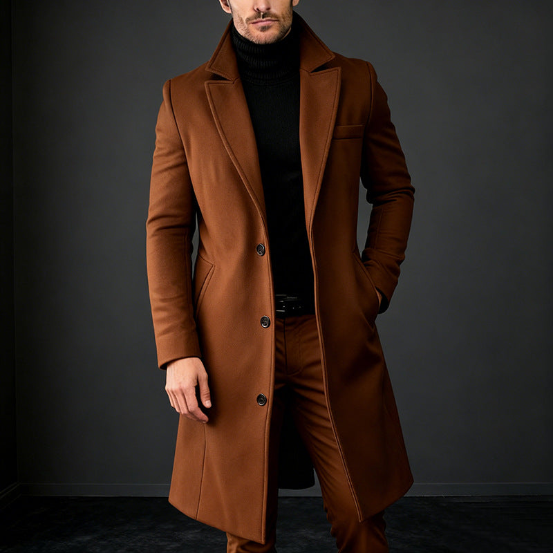Men's Elegant Single-Breasted Long Coat made of Wool Blend with Slim Silhouette and Lapel Collar
