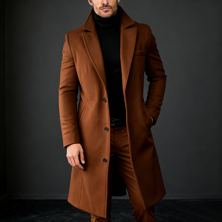 Men's Elegant Single-Breasted Long Coat made of Wool Blend with Slim Silhouette and Lapel Collar