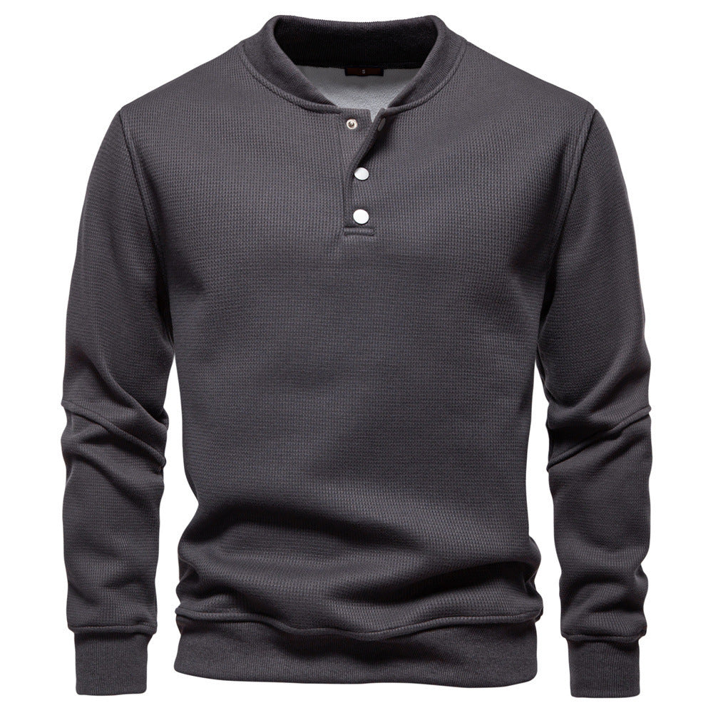 Men's Waffle Texture Henley Pullover with Short Snap Button Closure and Ribbed Cuffs