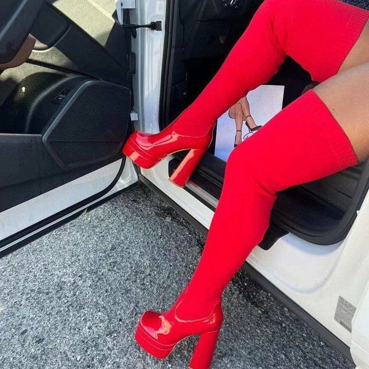 Women's Over-the-knee Boots with Platform Sole and Elastic Shaft Construction