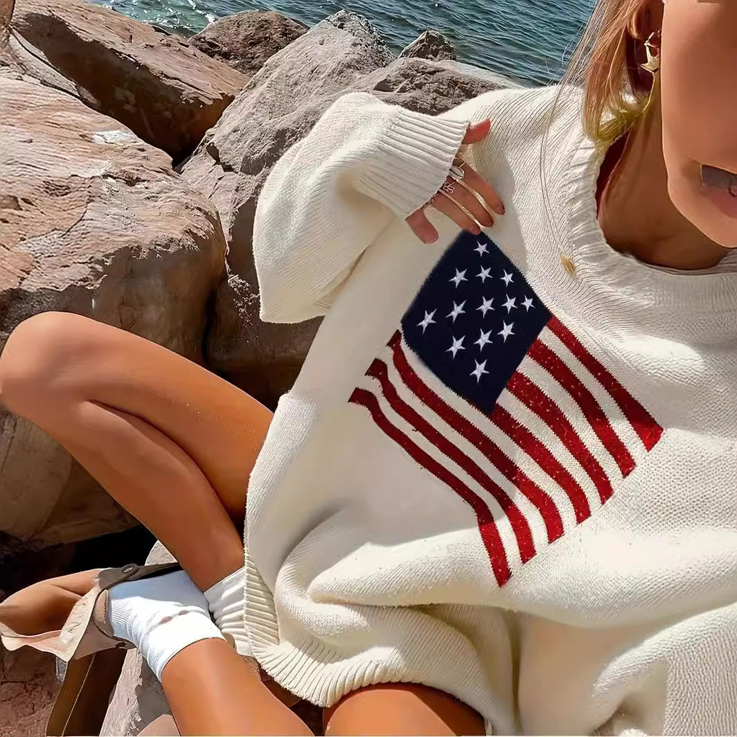 Women's Knitted Sweater with American Flag Motif