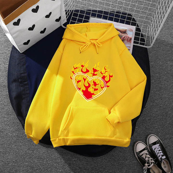 Women Light Oversized Hoodie with Heart EKG Motif, Long Cords and Elastic Cuff