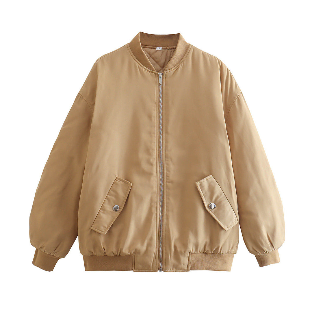 Women's Oversized Bomber Jacket with Stand-up Collar, Zipper and Snap Button Pockets