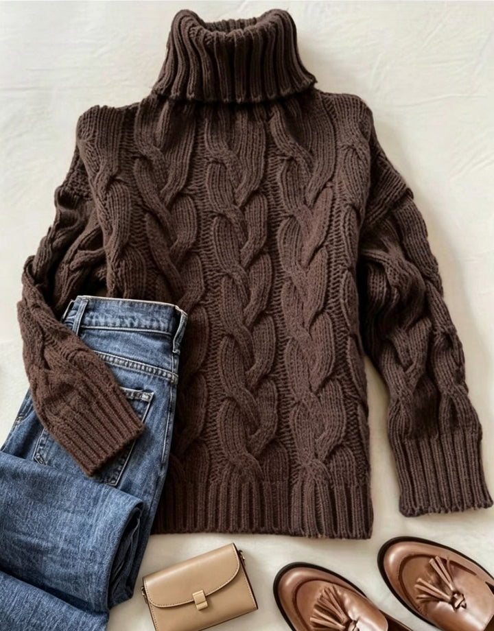 Women's Chunky Knit Turtleneck Sweater with Distinctive Cable Patterns and Ribbed Cuffs