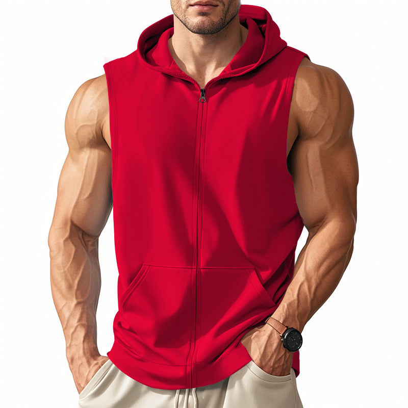 Men's Sleeveless Zip Hooded Vest with Kangaroo Pocket and Athletic Cut