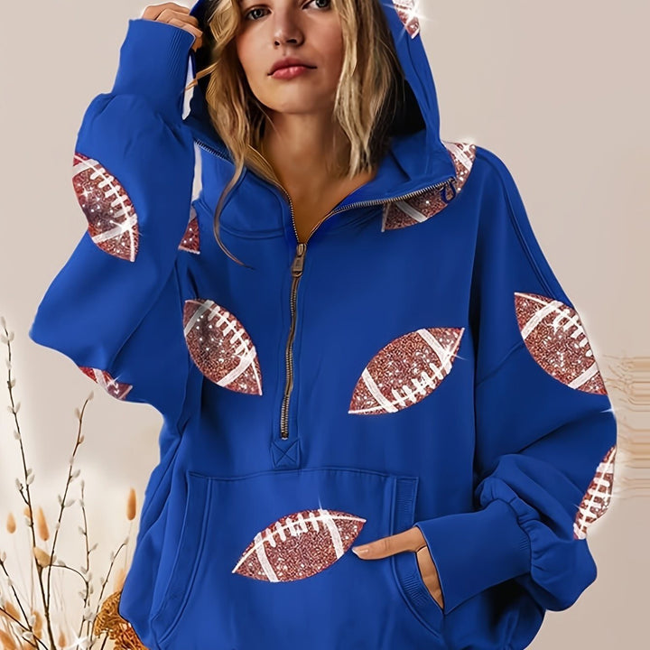 Women's Oversized Hoodie with Half Zipper and Sequin Football Application