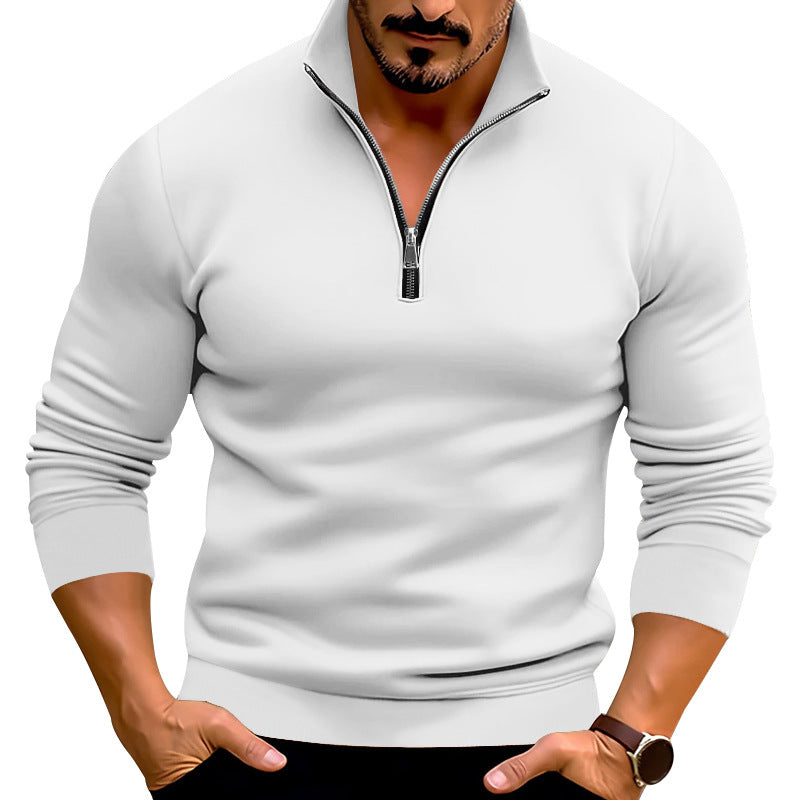 Men's Fitted Fine Knit Pullover with Short Zipper and Stand-up Collar