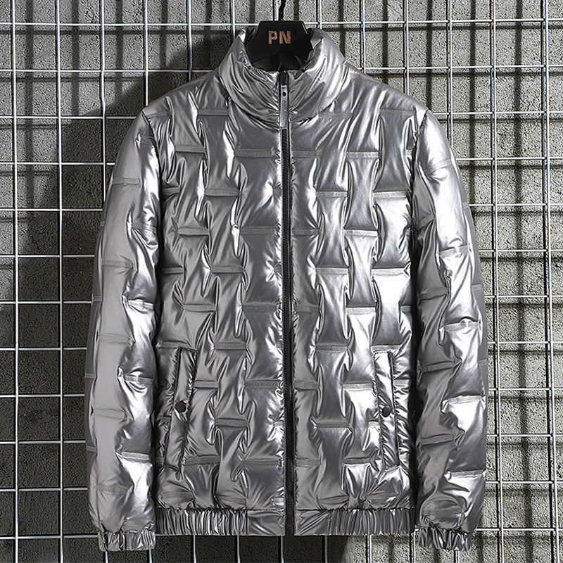 Men's Shiny Quilted Jacket with Geometric Quilting and Stand-up Collar